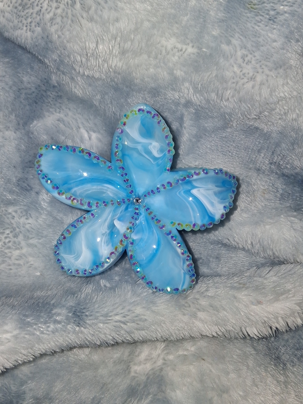 Blue acrylic Floral Hair Clip with Iridescent Rhinestones